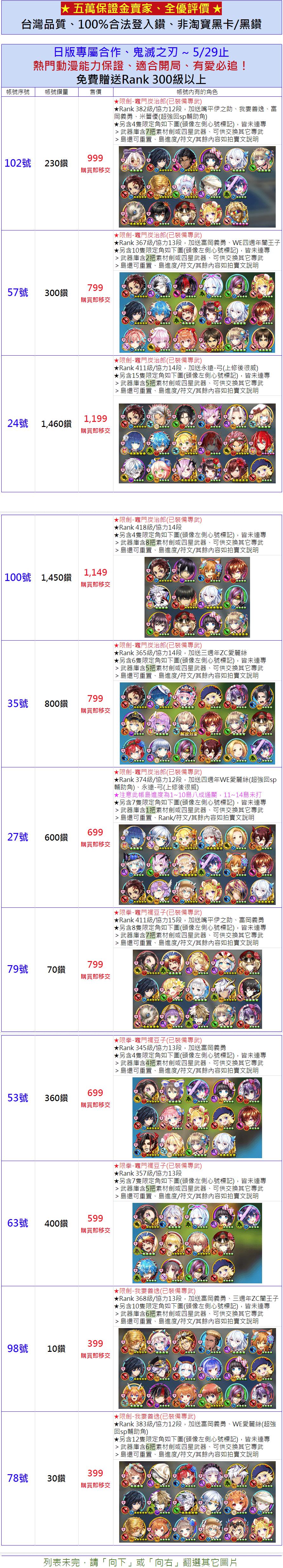 白貓project帳號 限定角開局 高等級 輕鬆玩 63鬼滅之刃 竈門炭治郎 竈門禰豆子 我妻善逸 伊之助 義勇 8591寶物交易網